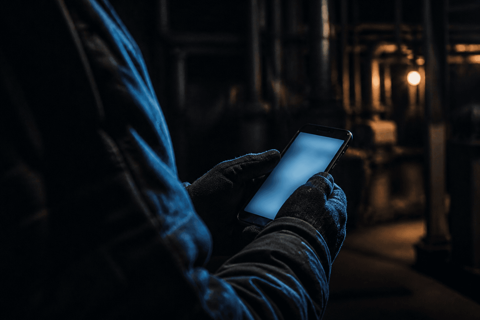 A gloved field technician holding a phone in a dark plant room at dusk