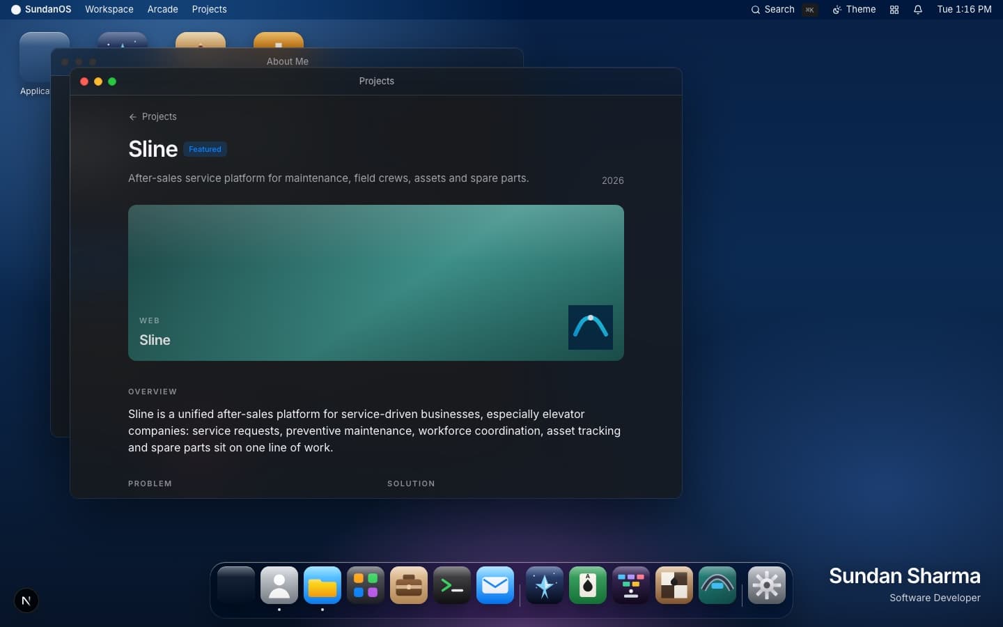 The SundanOS desktop showing the menu bar, project windows and dock