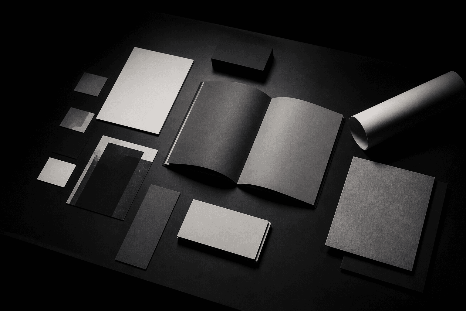 Overhead view of blank print collateral and paper swatches on a matte black studio table