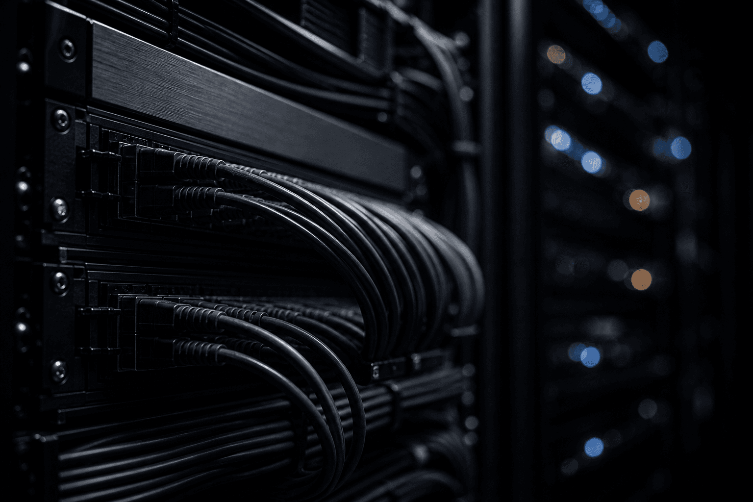 Close view of dark network patch cabling routed across a server rack