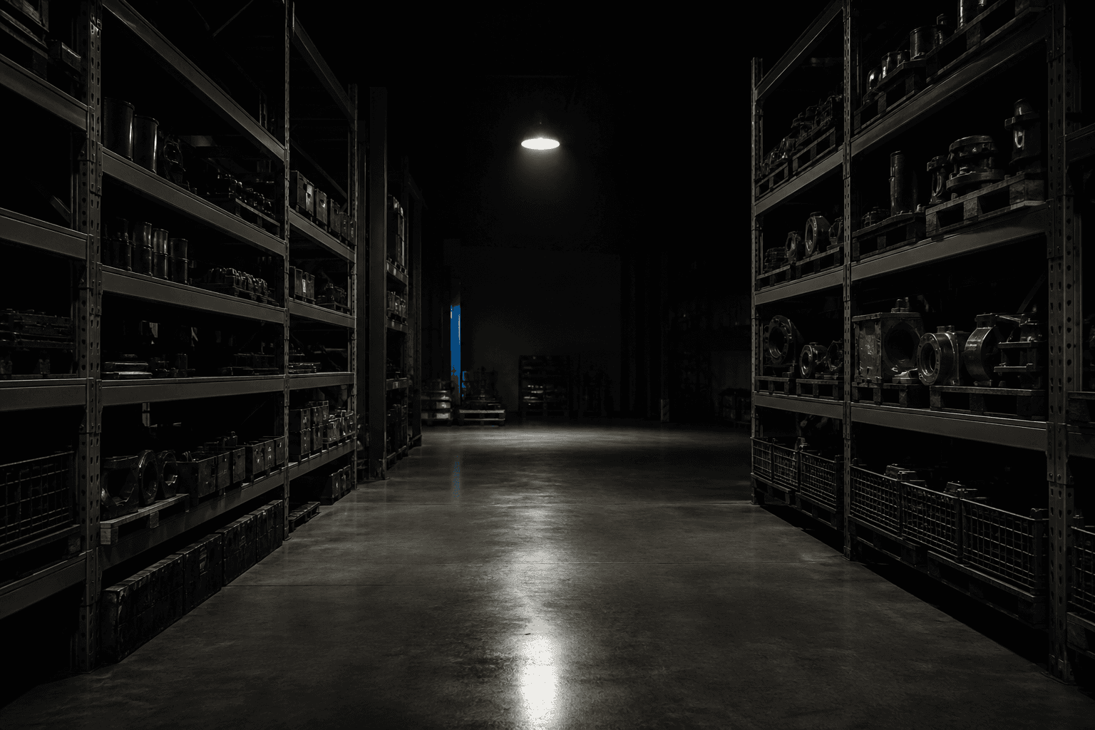 Rows of steel racking holding machine parts in a dim warehouse aisle