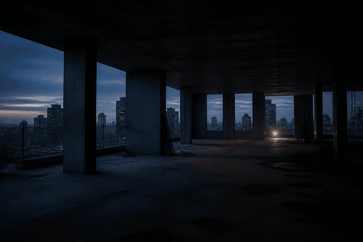 Unfinished concrete floor of a high-rise construction site at blue hour